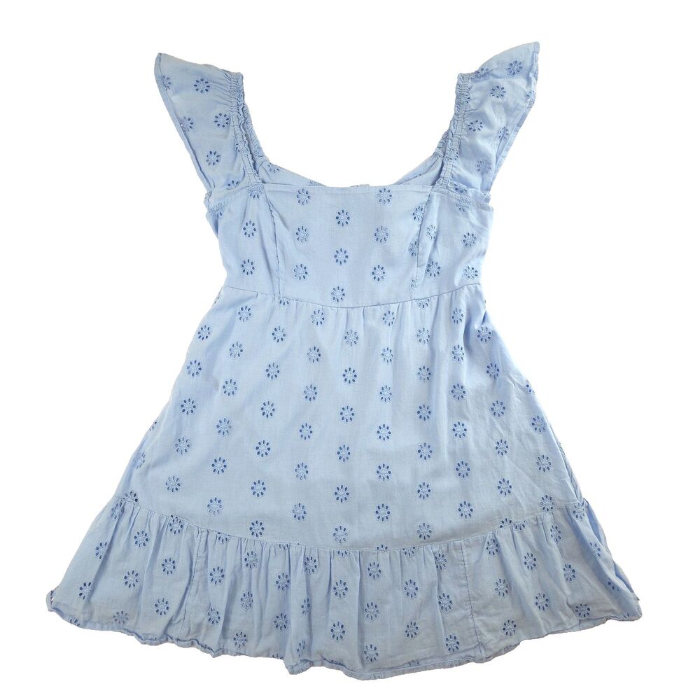 Hollister Eyelet Babydoll Mini Dress M Blue Flutter Sleeve Coquette Cottage